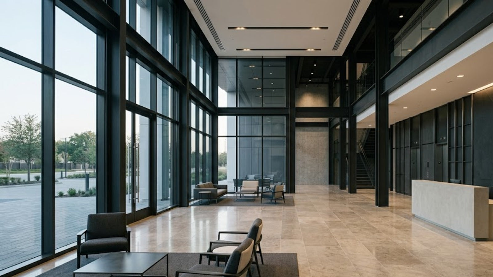 Empty modern commercial building lobby in calm daylight.
