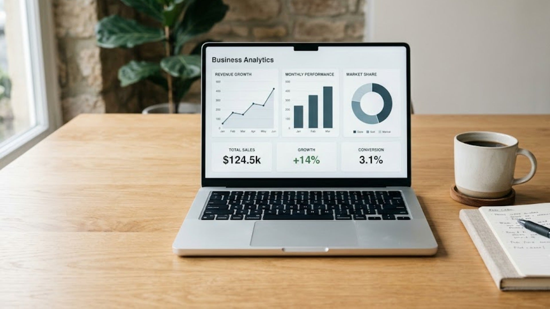 A modern laptop showing a clear business analytics dashboard on a wooden desk, with a coffee mug and notebook.