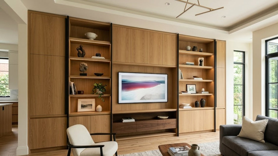 Custom wood built-in wall unit with matte-black metal accents in a bright upscale interior.
