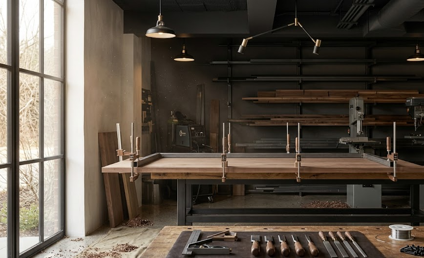 Custom fabrication workshop with clamped hardwood panel on a steel-frame table