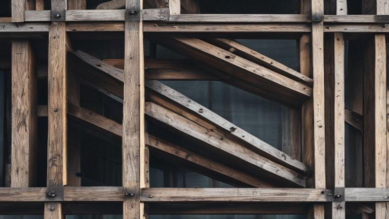 Steel-and-timber structural junction, shown in close detail.