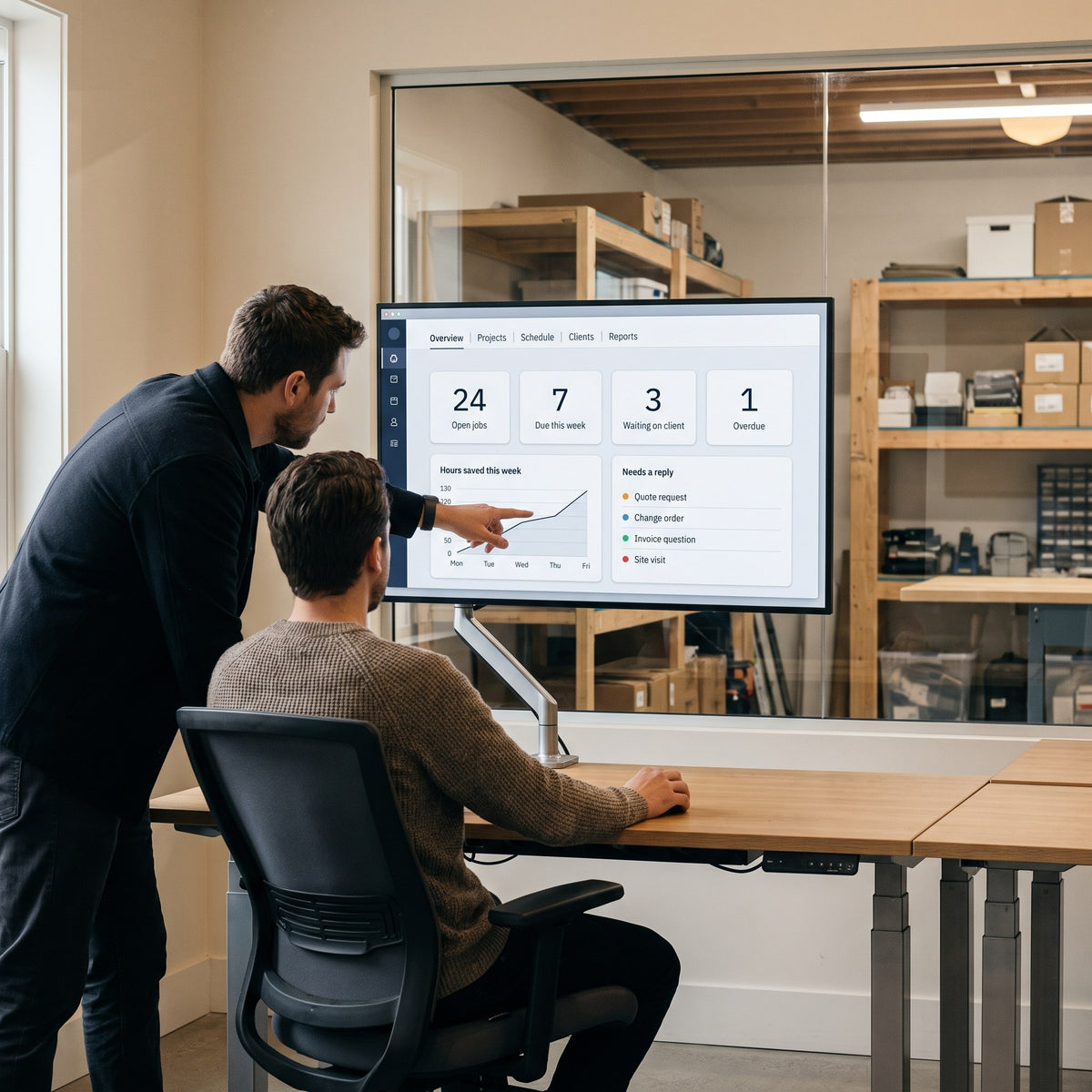Two colleagues reviewing an operations dashboard together in a small company's office