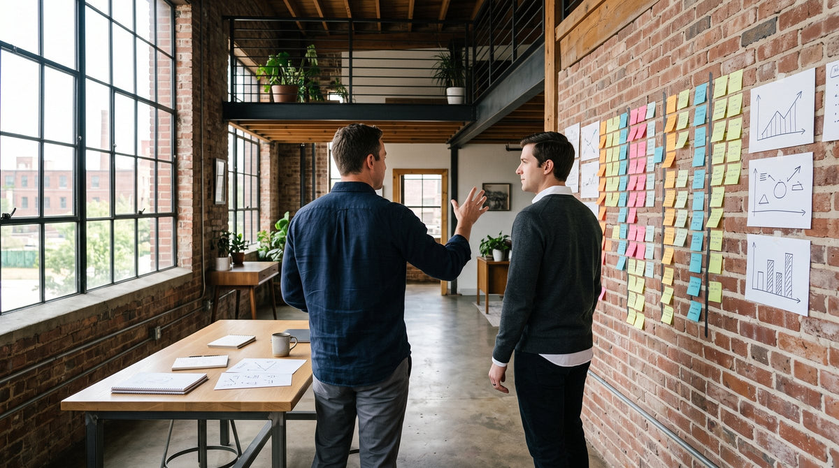 Business strategy planning session at a wall of sticky notes in a converted warehouse office
