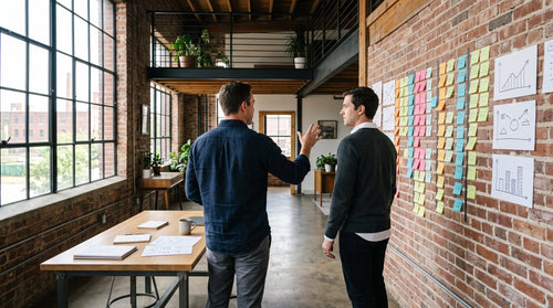 Business strategy planning session at a wall of sticky notes in a converted warehouse office