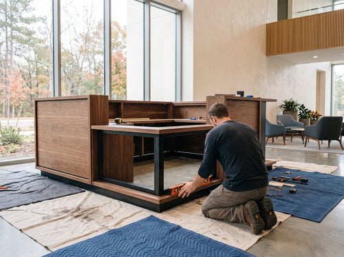 Installer leveling a custom walnut reception desk with a steel base during installation