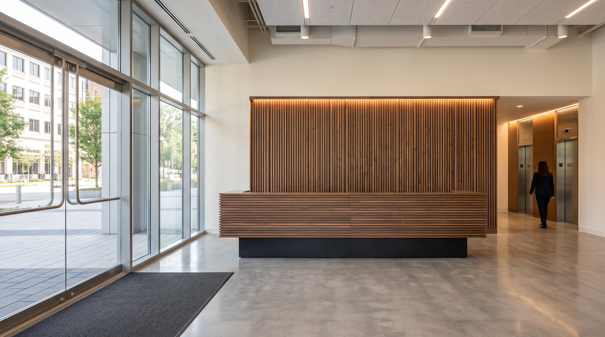Custom walnut reception desk and slatted feature wall in a commercial office lobby