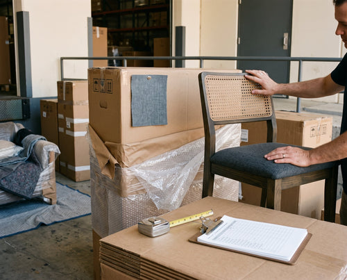 Commercial furniture unpacked and inspected on a receiving dock during FF&E procurement