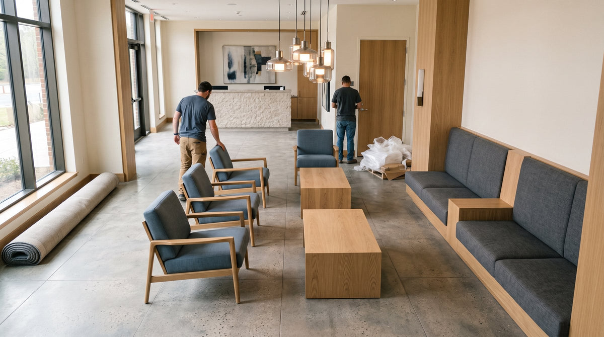 Hotel lobby lounge with new FF&E: lounge chairs, oak tables and a banquette after installation