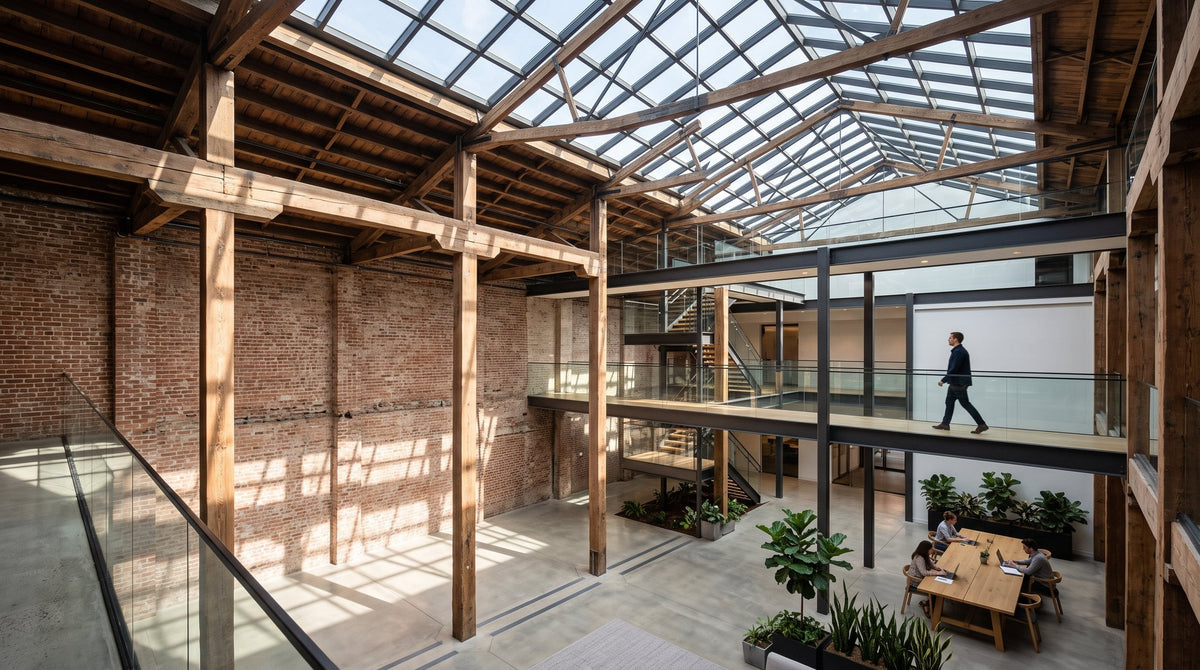 Skylit atrium office in a renovated mill building with a team working on the ground floor