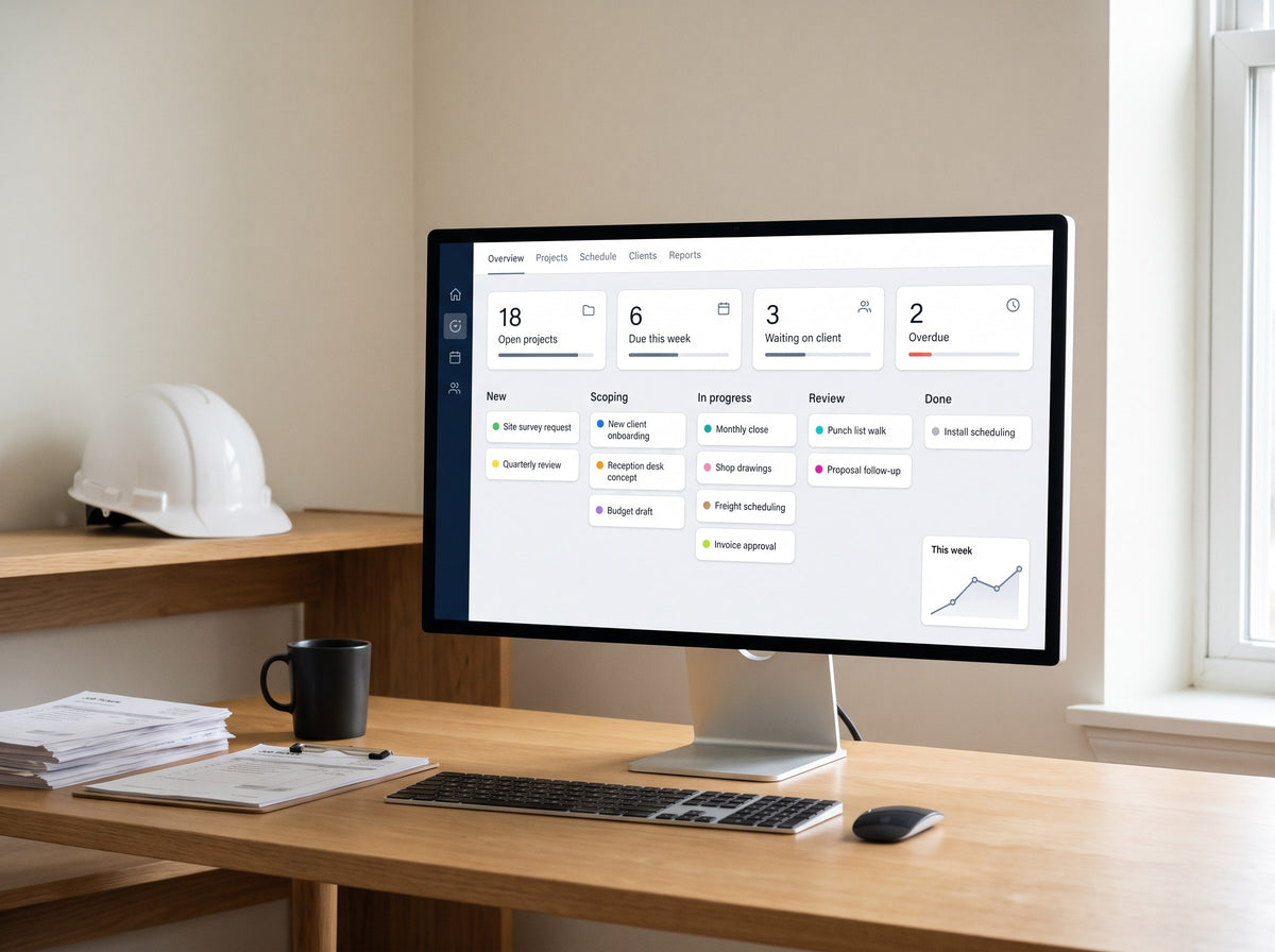 Operations dashboard on a monitor showing open projects and a job board, beside a stack of paper job tickets